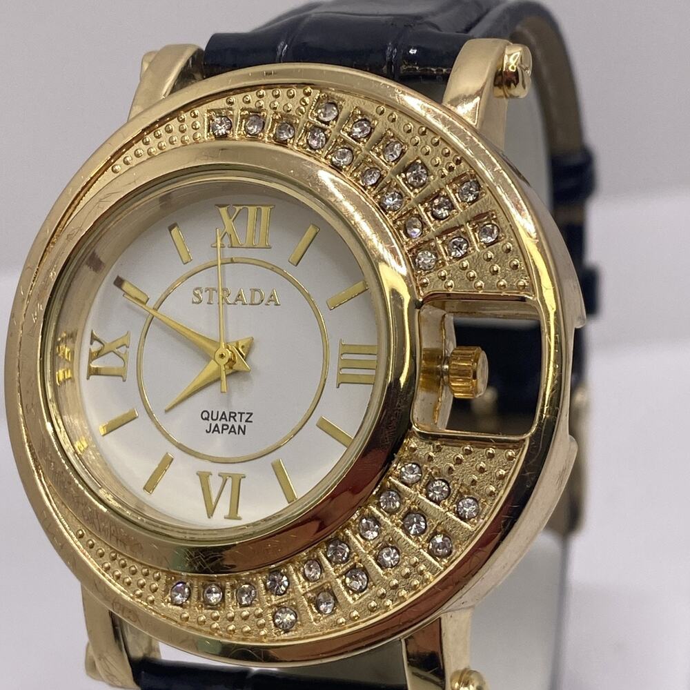 Strada Womens Half Moon Rhinestone Watch Works New Battery